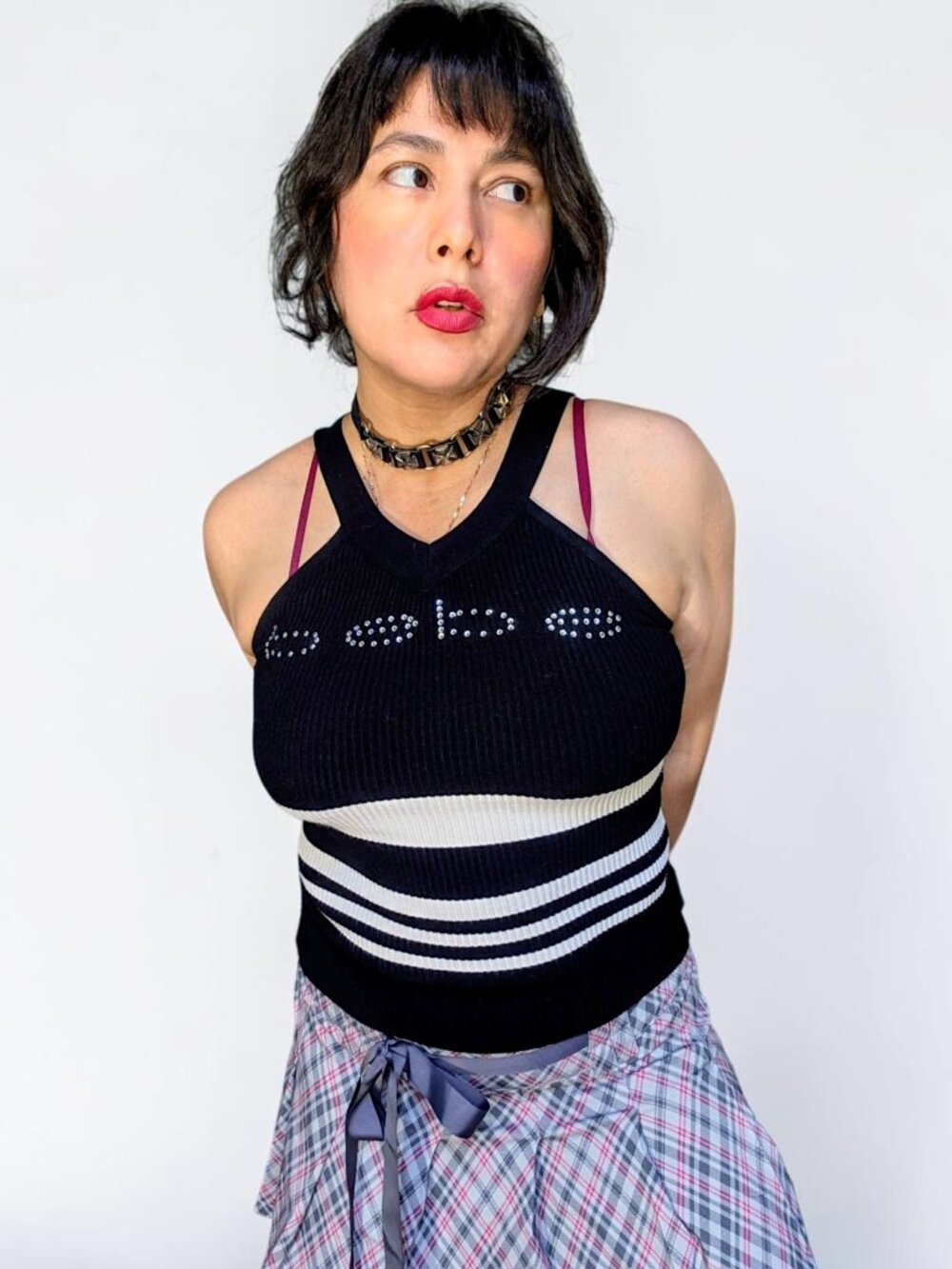 Bebe vintage Y2K black & white fairy grunge whimsygoth striped bedazzled top XS